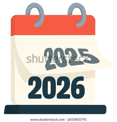 Desktop calendar turning from 2025 to 2026, flat minimal style with red top spiral and clean typography
