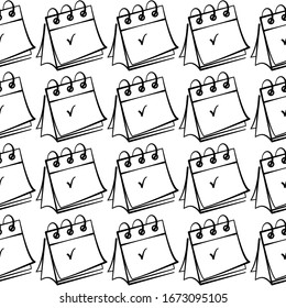Desktop calendar vector seamless pattern on white background. Black and white background hand-drawn. Design for textile, wrapping, print.