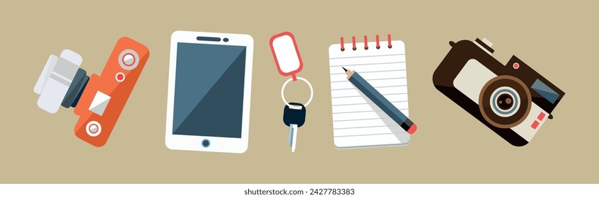 Desktop with Camera, Tablet, Key and Notepad Vector Set