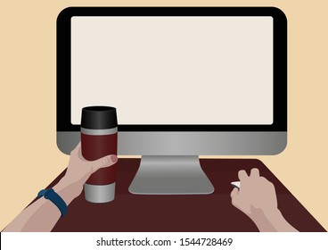 Desktop with clean computer screen, coffee cup. Hand on thermos tumbler mug. Hipster workspace, freelance and website ad concept. Vector illustration.
