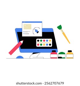 Desktop With Color Palette And Art Tools In Flat Vector Illustration Symbolizing Digital Art, Creativity, And Graphic Design, Isolated On White Background.