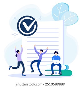 Desktop completed work concept vector illustration with check mark. Characters of happy people completing their tasks.
