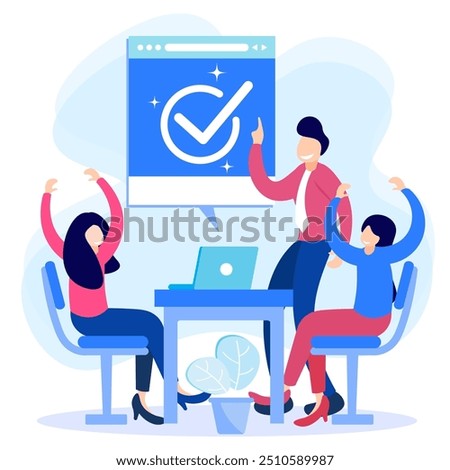 Desktop completed work concept vector illustration with check mark. Characters of happy people completing their tasks.