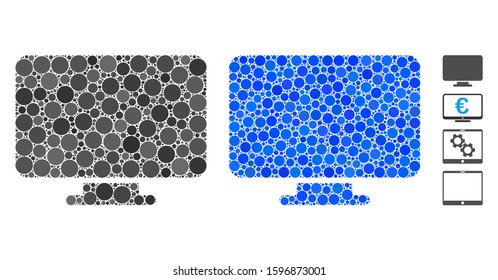 Desktop composition of small circles in various sizes and color tones, based on desktop icon. Vector random circles are united into blue composition. Dotted desktop icon in usual and blue versions.