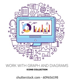 Desktop computer with abstract showing schematic statistics on screen. Flat style illustration.
