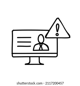 desktop computer with alert sign icon black and white vector illustration. Editable outline stroke.