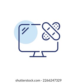 Desktop computer with bandage over it. Computer repair symbol. Pixel perfect, editable stroke icon