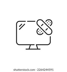 Desktop computer with bandaid over it. Computer repair symbol. Pixel perfect, editable stroke line icon