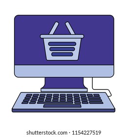 desktop computer with basket shopping isolated icon