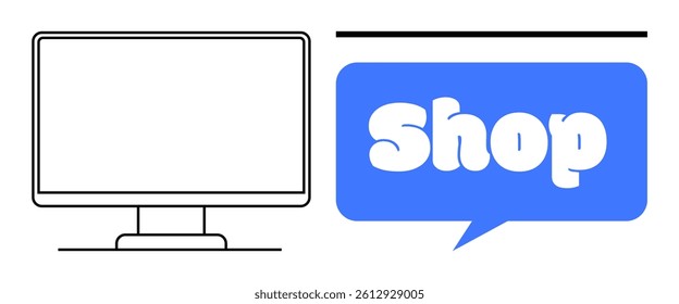Desktop computer beside a blue speech bubble with the word Shop in bold white letters Ideal for e-commerce, digital marketplaces, online storefronts, internet shopping, web design, promoting retail
