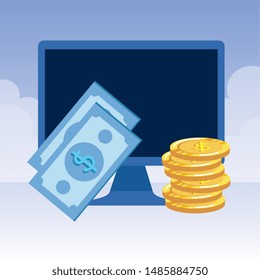 desktop computer with bills and coins