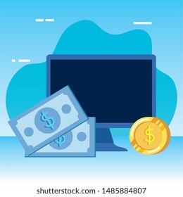 desktop computer with bills and coins