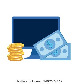 desktop computer with bills and coins