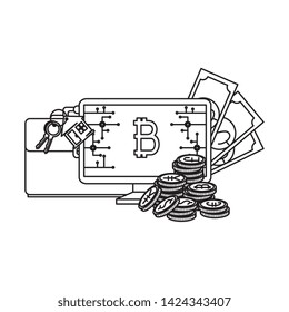 desktop computer with bitcoin commerce vector illustration design