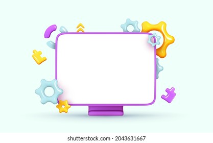 Desktop computer, blank screen monitor. Creative concept idea. Realistic 3d design icons, gear and puzzle. Configure, web repair, maintenance and website setting. Vector illustration