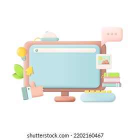 Desktop Computer, Blank Screen Monitor 3D Icon Vector Illustration on White Background, Empty Display Mockup. Website Setting Concept