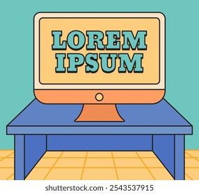 Desktop Computer Blank Space Screen for Creative Workspace Vector Illustration With Cartoon Retro Style on a Colorful Table with a Modern Aesthetic