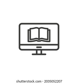 Desktop computer with book icon on white background.