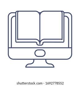desktop computer with book , line style icon vector illustration design