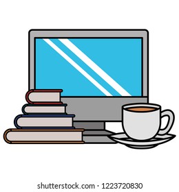 desktop computer with books and cup coffee icon