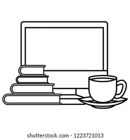 desktop computer with books and cup coffee icon