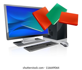 Desktop computer with books flying out of screen. Online education or ebook concept