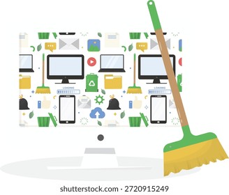Computadora de escritorio con una escoba frente a un patrón continuo de iconos de tecnología, archivos, basura y reciclaje sobre un fondo transparente, perfecto para conceptos de limpieza digital. Ilustración vectorial