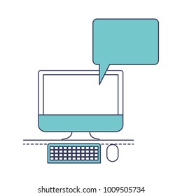 desktop computer with bubble dialogue in blue color sections silhouette
