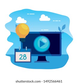 desktop computer with bulb and calendar