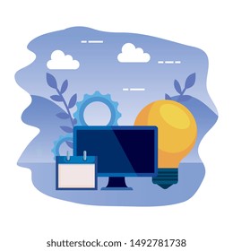 desktop computer with bulb and calendar