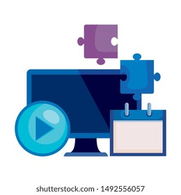 desktop computer with calendar and puzzle pieces