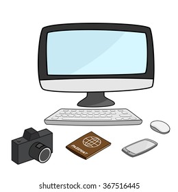 desktop computer with camera, passport, smartphone