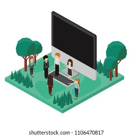 desktop computer with camp scene and people isometric icon