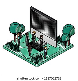 desktop computer with camp scene and people isometric icon