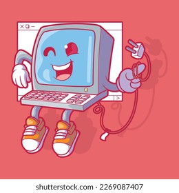 Desktop computer character seated on a computer windows vector illustration. Tech, logo, mascot design concept.