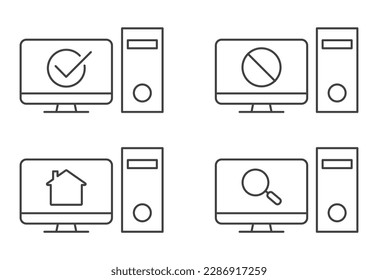 Desktop computer with check mark, stop sign; house; magnifying glass on screen icon set