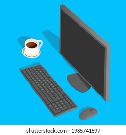 Desktop computer and coffee cup. Office work concept illustration.
