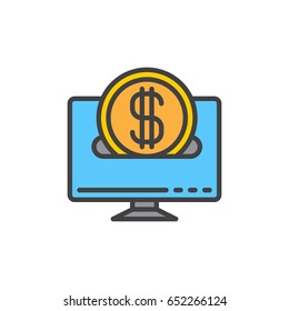 Desktop computer and coin filled outline icon, vector sign, colorful illustration