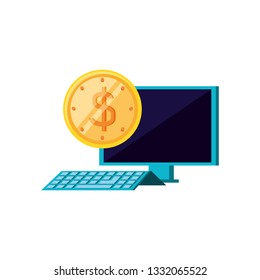 desktop computer with coin money