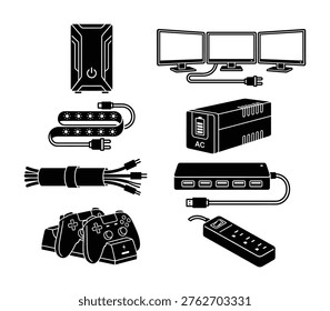 Desktop computer components set including led strip ups battery backup usb hub surge protector and game controllers