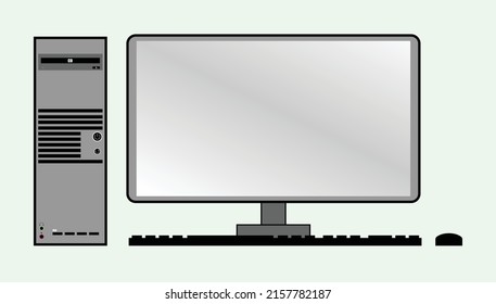 Desktop computer contains keyboard and mouse, office set PC, grey and black, CD rom drive, USB input ports and mic and speakers input output ports, suitable for educational content and books figures