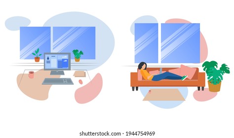 Escritorio, computadora, una taza de café cerca de la ventana. La chica del sofá está trabajando en una laptop. Ilustración vectorial plana. Trabajo desde casa