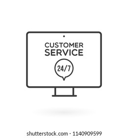 Desktop computer customer service 24/7 illustration. Concept of 24/7, open 24 hours, support, assistance, contact, customer service.  Vector illustration, flat design