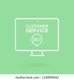Desktop computer customer service 24/7 illustration. Concept of 24/7, open 24 hours, support, assistance, contact, customer service.  Vector illustration, flat design
