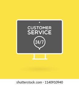 Desktop computer customer service 24/7 illustration. Concept of 24/7, open 24 hours, support, assistance, contact, customer service.  Vector illustration, flat design