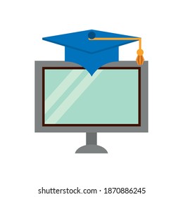 desktop computer device with graduation hat vector illustration design