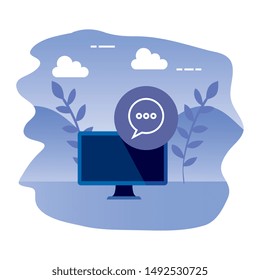 desktop computer device with speech bubble