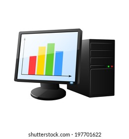 Desktop computer with diagram on screen. Vector illustration.