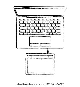 desktop computer and digitizer tablet connection on top view in black blurred contour