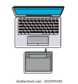 desktop computer and digitizer tablet connection on top view in watercolor silhouette